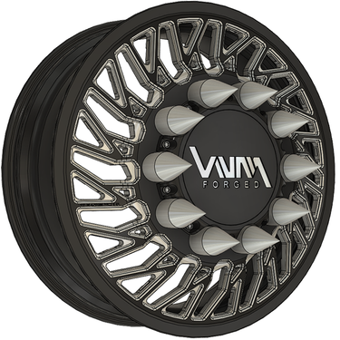 Black milled finish Inferno VNM Forged dually wheels with 10x285.75 bolt pattern for Ford F-350 F-450, Dodge 3500, and Chevy Silverado dually trucks rims custom