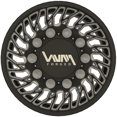 High-quality USA-made Inferno VNM dually wheels with unique floating billet caps and spikes, comparable to American Force and Specialty Forged, suitable for Ford, Dodge, Chevy DRW models