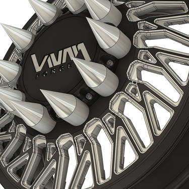 Inferno VNM's American-made, forged dually wheels for semi trucks, featuring floating billet caps and spikes, similar to KG1 and Amani Forged styles for DRW pickup