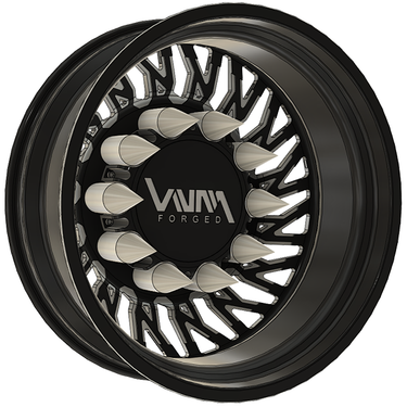 Black milled Inferno VNM forged dually wheels with 10x285.75 bolt pattern and floating billet caps, spikes for Ford dual trucks F-350/F-450 and Chevy Silverado DRW trucks, made in USA