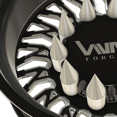 Inferno VNM Forged dually wheels with floating billet caps and billet spikes in black milled finish, fitting Ford and Chevy DRW models