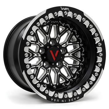 VNM Forged V-15 black and green beadlock wheel, made in USA, suitable for off-road side-by-side vehicles like Polaris Turbo R Pro R Xpedition by venum wheel