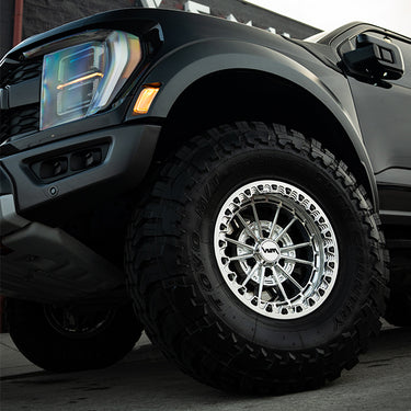 17x9 wheels, ford raptor rims, gen 3 raptor black with polished vnm forged strike wheels in beadlock , kmc impact