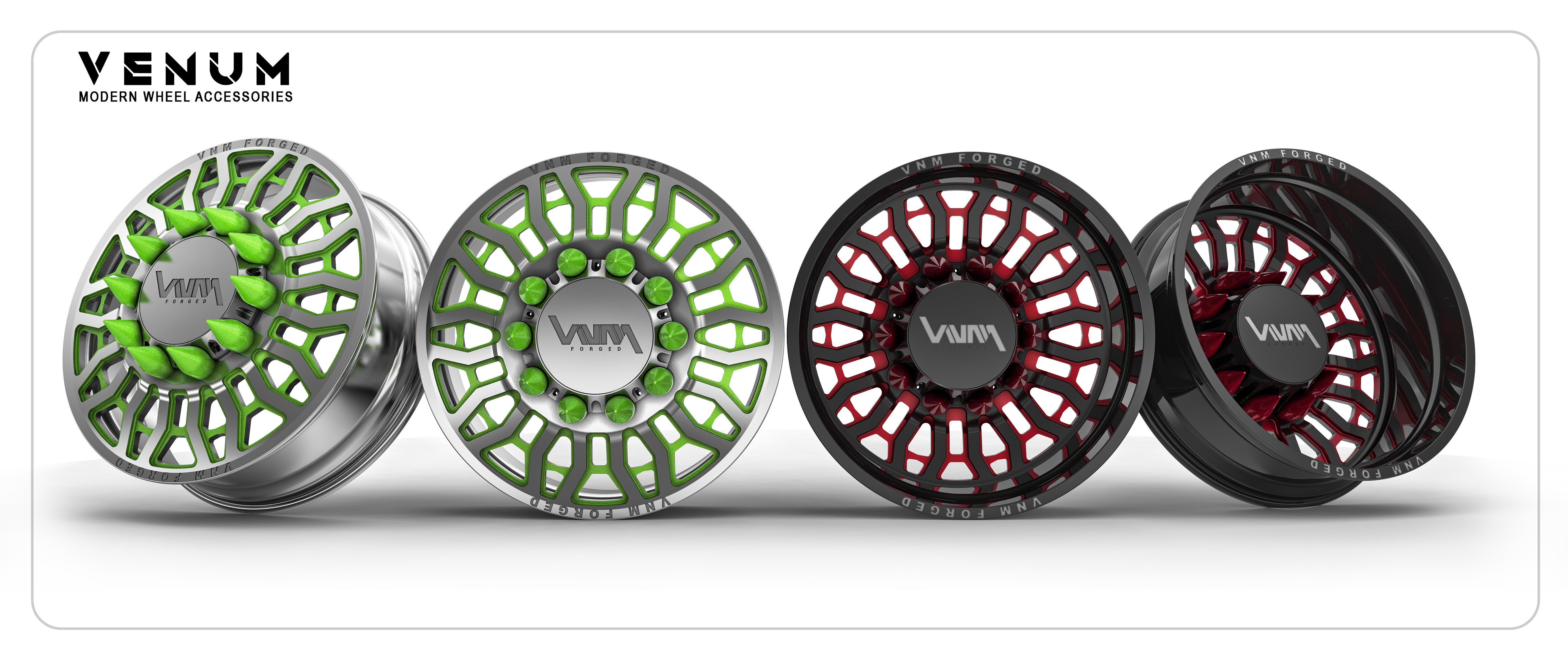 vnm forged ivy in polished and green 2 tone , black rims with red floating caps for a dually truck . ford ram gm