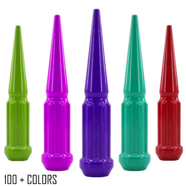 1 pc 12x1.25 custom color spike spline lug nuts 4.5" tall powder coated durable coating prismatic powder custom color aftermarket wheels conical seat