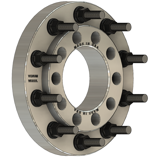 Hub-centric MRAP wheels with 10x225 to 10x335 bolt pattern adapters and 281mm hubs, ideal for Ford F-450, F-550, RAM 4500, and 5500 trucks. Made in the USA with 22x1.5 studs and super single beadlock design