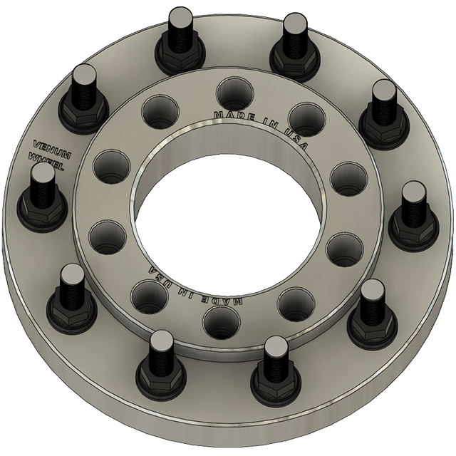 Hub-centric spacers and adapters with 10x225 to 10x335 bolt patterns and a 281mm wheel hub bore, perfect for Ford F-450, F-550, RAM 4500, and 5500 trucks. Made in the USA with 22x1.5 studs and super single beadlock design.