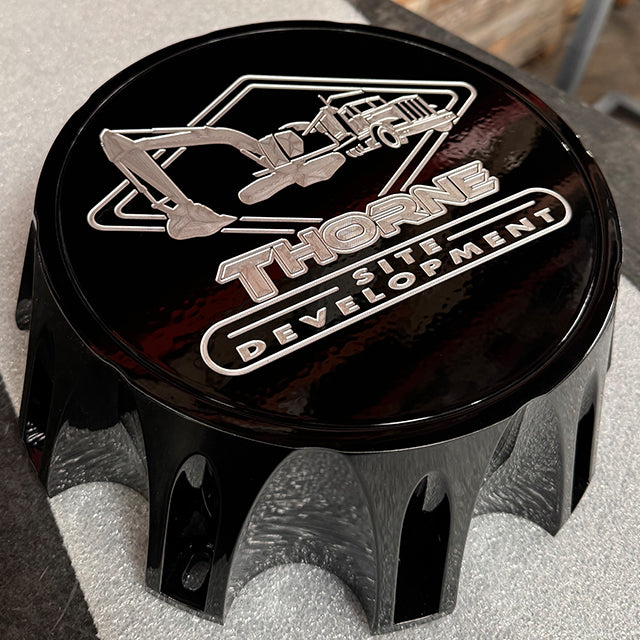 floating center caps, black powder coated machine finish, wheel caps with custom logo caps, floating caps for forged wheels