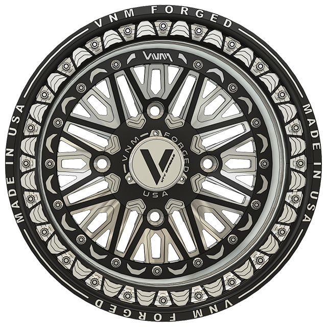 Black polished VNM FORGED V-1 Argo UTV wheel by Venum Wheel, compatible with Polaris RZR, Yamaha YXZ1000, can am defender, polaris expedition
