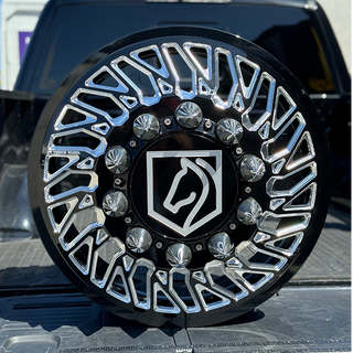 Black nferno VNM forged dually wheels with 10x285.75 bolt pattern and floating billet caps, spikes for Ford dual trucks F-350/F-450 and Chevy Silverado DRW trucks, 