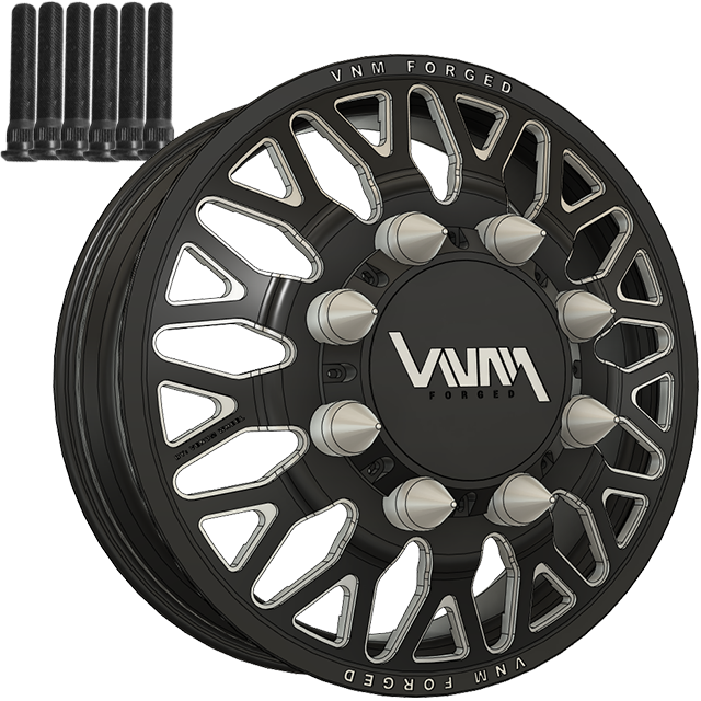 Black Milled VNM Forged dually rims for heavy-duty Silverado 4500 and 5500 series trucks with a durable 8x275 bolt pattern and 221mm hub bore similar to 10 lug american force duallys