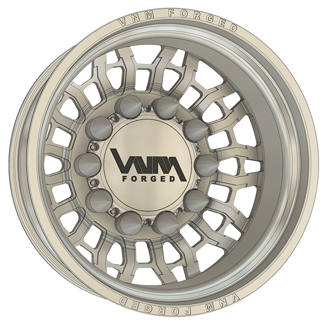 10x285 rear forged dually wheel, with floating caps, billet spikes, vnm forged, made in the usa similar to jtx forged wheels, jtx wheels, jtx dually wheels