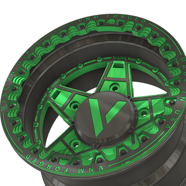 vnm forged V-17 Vortex 5x205 mm beadlock wheels for offroad rims buggy volkswagen big 5 pattern lug sand rails funco tatum wheels 17" diameter made in usa black and green powder coated