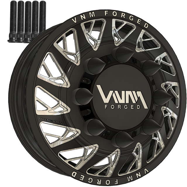 Black Milled Cabal by VNM Forged dually rims for heavy-duty Silverado 4500 and 5500 series trucks with a durable 8x275 bolt pattern and 221mm hub bore similar to 10 lug american force jtx duallys venum wheel