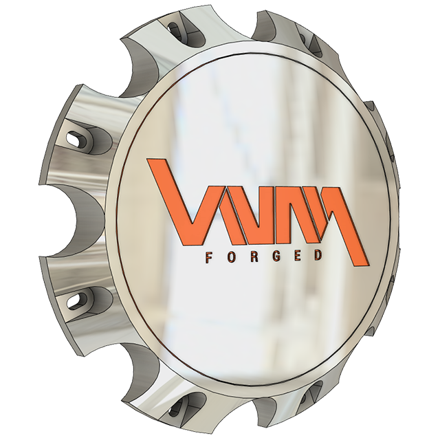 Custom-polished billet floating center cap with powder-coated VNM Forged logo for 8x275mm vehicles, compatible with Kodiak, Silverado, Freightliner, and more