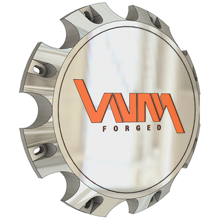 Custom-polished billet floating center cap with powder-coated VNM Forged logo for 8x275mm vehicles, compatible with Kodiak, Silverado, Freightliner, and more
