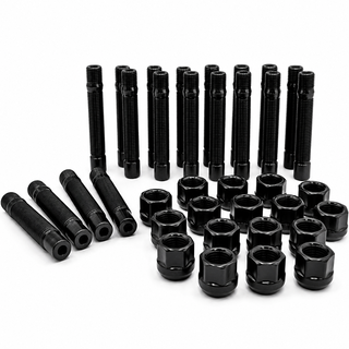 Set of black metal bolts and nuts on a white background wheel stud conversion kit with lug nuts