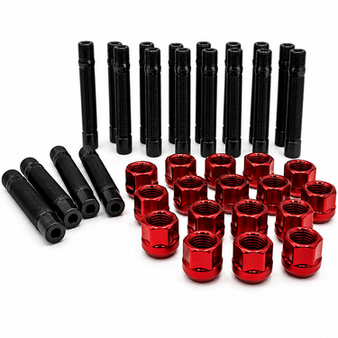 Set of black and red metal bolts on a white background wheel stud conversion kit with lug nuts 14x1.5