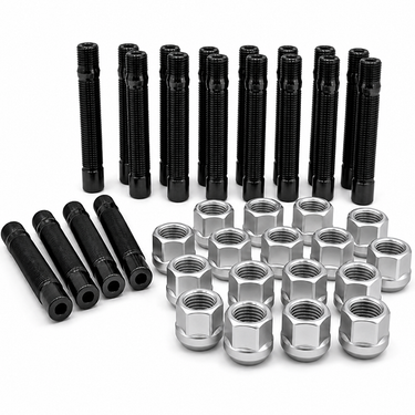 Set of black and silver metal bolts and nuts on a white background wheel stud conversion kit with lug nuts