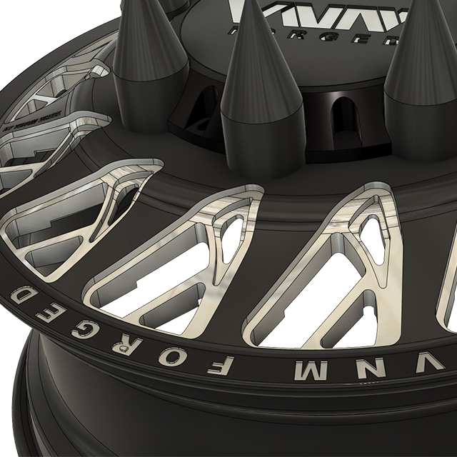 Cabal Forged dually wheels by VNM Forged, suitable for Silverado 4500, 5500, Kodiak trucks with 8x275 mm configuration direct bolt on wheels. black milled with spike lug nut covers floating caps