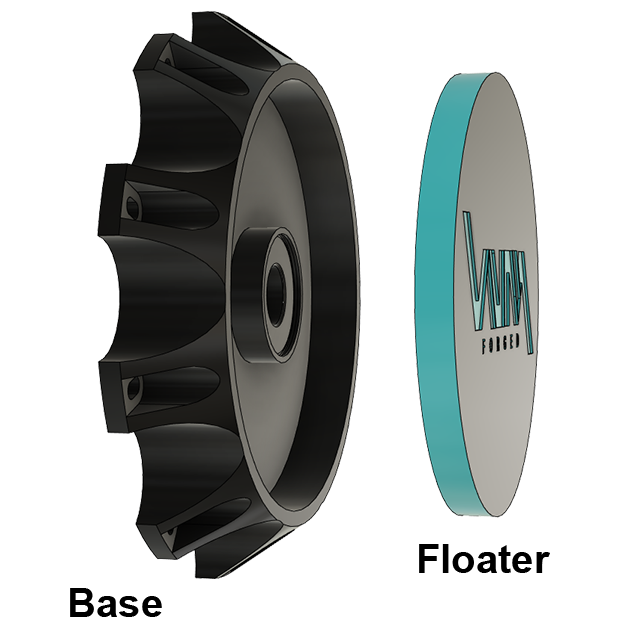 VNM Forged floating center wheel cap assembly for 8x275 rims, showcasing base and top floater piece, suitable for Silverado 4500/5500 and Ford F650 kodiak topkick freightliner m2
