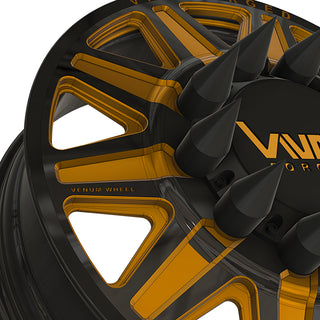 vnm forged fang dually wheels truck wheels in black and gold powder coated with spike lug nuts similar to JTX Forged