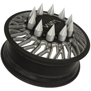 Custom forged dually wheels by Inferno VNM with billet spikes and floating caps, akin to TIS and Liberty Forged rims, for Dodge 3500/4500/5500 American force