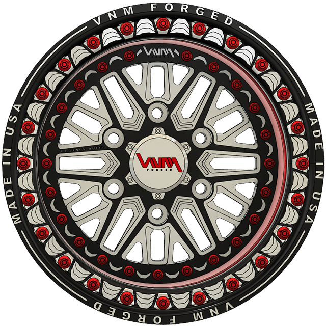 Customizable red and silver VNM Forged aluminum beadlock wheels, made in USA, suited for Can-Am side-by-sides with a tough design echoing Weld Racing and Hostile Wheels style.