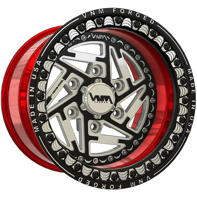 VNM Forged V-6 aluminum beadlock wheels for Can-Am Maverick R, 6x5.5 bolt pattern, akin to Raceline rims and Method wheels, crafted for side-by-side race wheels, featuring off-roading beadlock technology