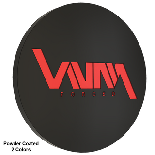 Black and red powder-coated VNM Forged floating center cap, suitable for Ford F-650 and Silverado 4500/5500