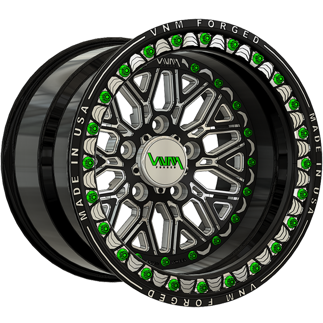 VNM Forged V-15 black and green beadlock wheel, made in USA, suitable for off-road side-by-side vehicles like Polaris Turbo R Pro R Xpedition by venum wheel