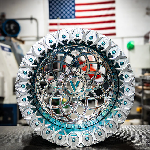 vnm forged rebel polished with AR-2 beadlock rings - V logo floating caps