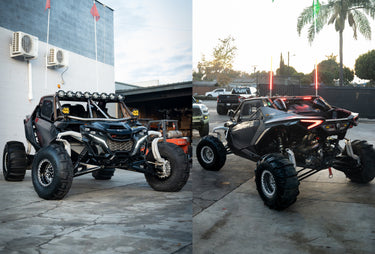 can am maverick r wheels, custom forged wheels by vnm forged, v-11 true directional beadlock wheels utv, baja design lights custom cage