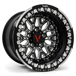 VNM Forged V-15 black and green beadlock wheel, made in USA, suitable for off-road side-by-side vehicles like Polaris Turbo R Pro R Xpedition by venum wheel