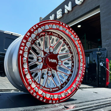 can am x3 wheels in silver and red, v-1 the argo vnm forged, custom wheels, utv wheels, custom powder coat