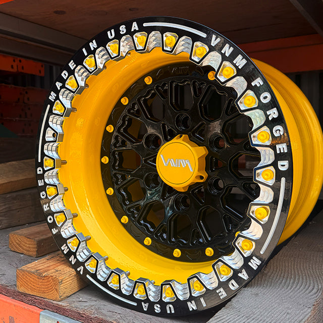 can am maverick , side by side custom billet wheels, vnm forged wheels v-3 in yellow black machine with yellow bolts utv rims