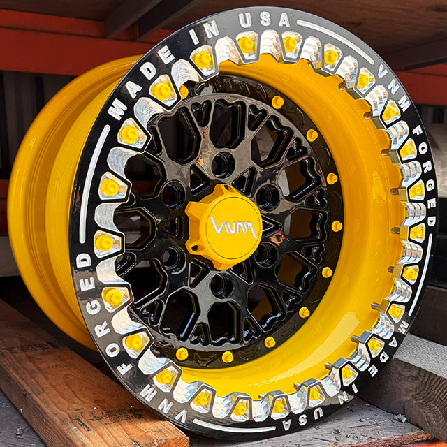 side by side can am maverick r wheels, forged billet wheels, custom color black yellow beadlocks, v-3 style 6 lug