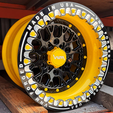 side by side can am maverick r wheels, forged billet wheels, custom color black yellow beadlocks, v-3 style 6 lug