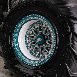 polaris rzr pro r wheels in beadlock, forged wheels, candy teal and white powder coated 5x4.5 wheels, 15x10