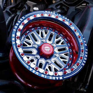 can am maverick , truck wheels, can am maverick r wheels, billet wheels forged in dusty navy legion red powder coat