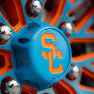 custom powder coated utv rims, with floating caps for disney dinoco maverick r wheels, custom wheels, forged wheels, billet wheels, better than metal fx, price design, method race wheels
