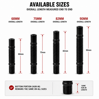 Measurement chart showing different sizes of black cylindrical components with labeled lengths. For the different available stud lengths. 