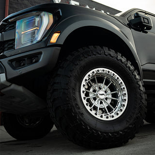 17x9 wheels, ford raptor rims, gen 3 raptor black with polished vnm forged strike wheels in beadlock , kmc impact