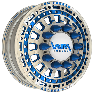 vnm forged V-7 dually wheels in polish with candy blue machined, floating caps and billet spike lug nuts, similar to ADF wheels and amani forged