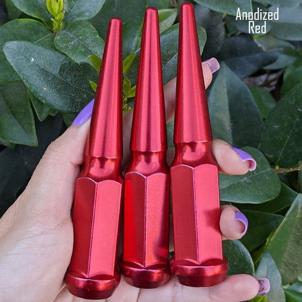 32 pc 9/16-18 anodized red spike lug nuts 4.5" tall powder coated durable coating