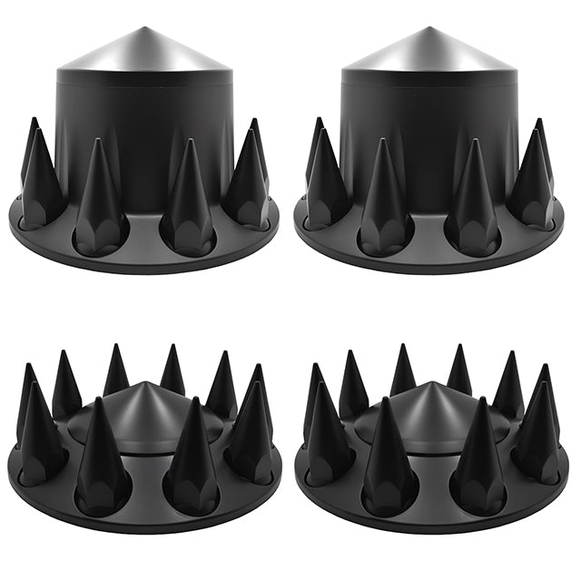 Black Front + Rear - 4 Caps + 40 Spikes. 10 Lug Hub Caps 10x285.75 MM Bolt Pattern 22x1.5 Thread Pitch. Made Out of ABS Plastic. Sold as A Set. A Must if Installing New Wheels.