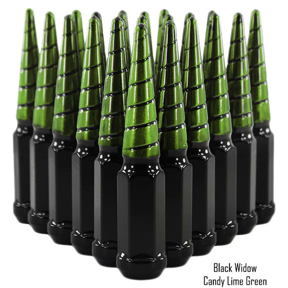 32 pcs 9/16-18 black and candy lime green twist swirl spike lug nuts black widow 
