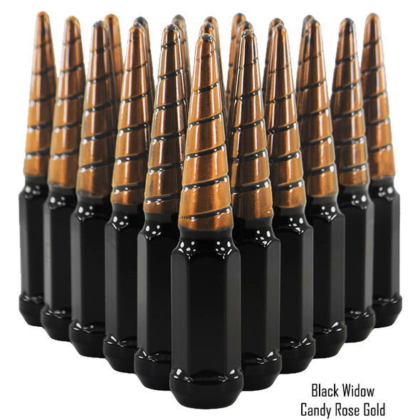 1 pc 14x1.5 black and candy rose gold twist swirl spike lug nuts black widow 