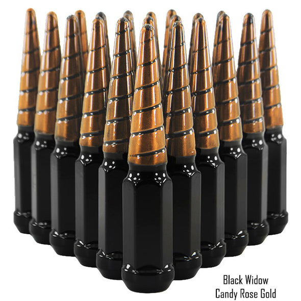 32 pcs 9/16-18 black and candy rose gold twist swirl spike lug nuts black widow 