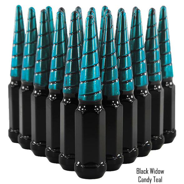 32 pcs 9/16-18 black and candy teal twist swirl spike lug nuts black widow 